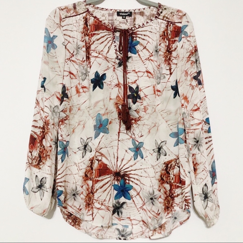 Tolani Floral Print Silk Boho Peasant Top